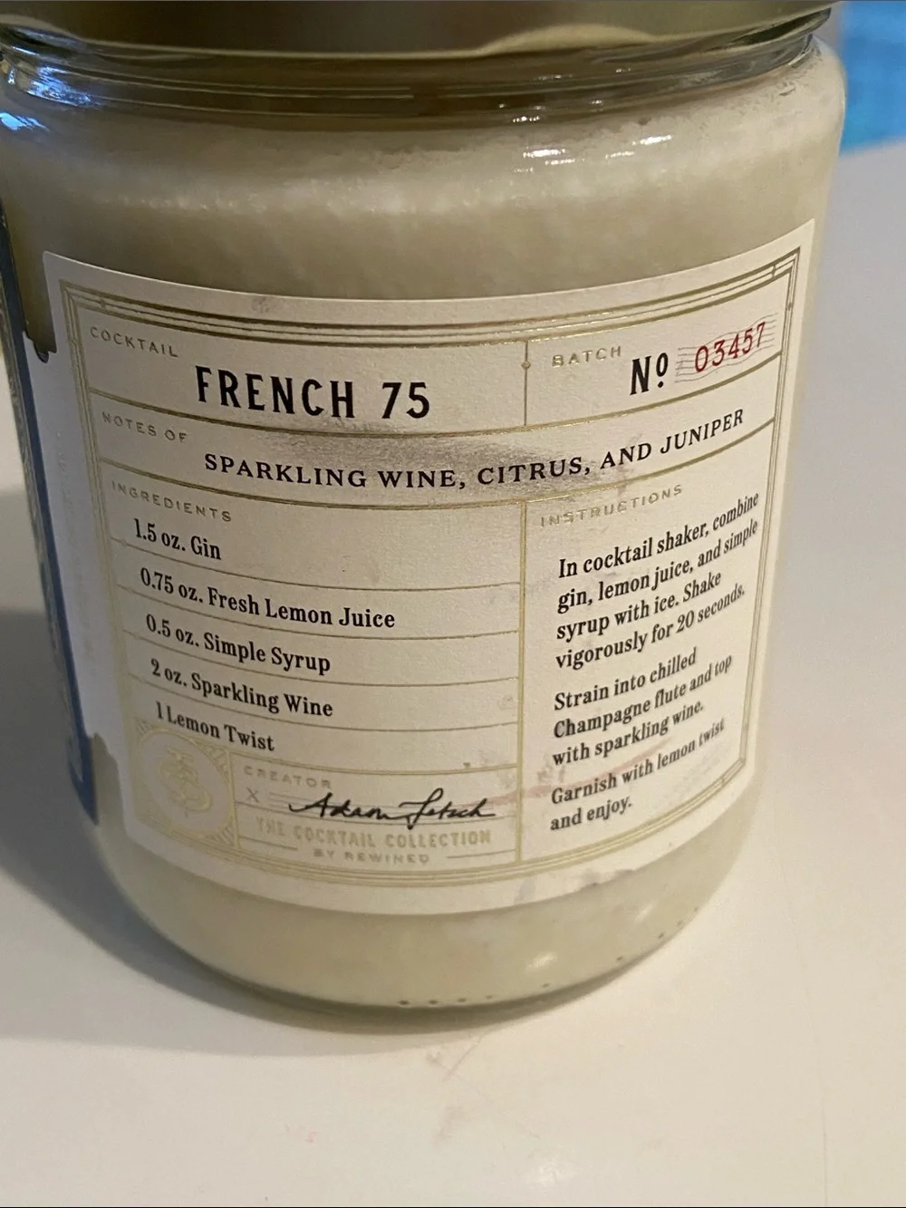 Rewined Candle - The Cocktail Collection French 75 NEW 20 oz in glass container.